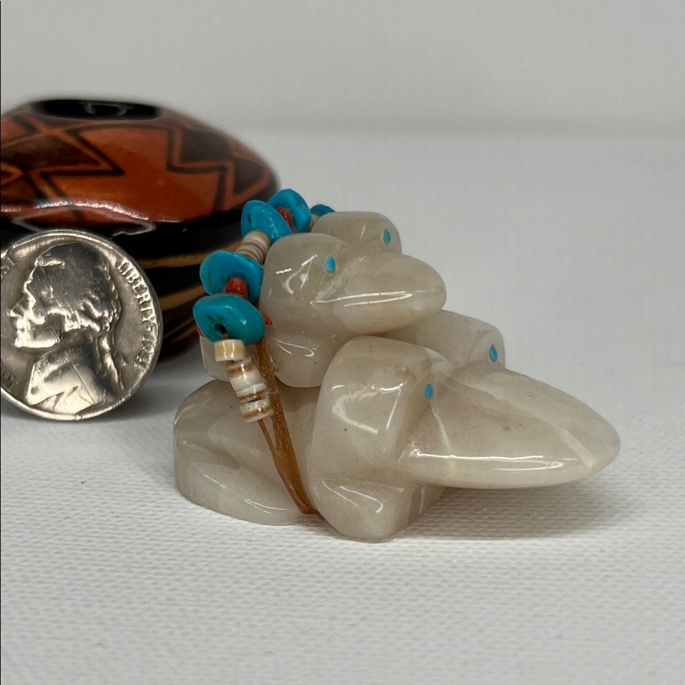 Handcrafted Stone double-Frog Figurine with Turquoise Accents.